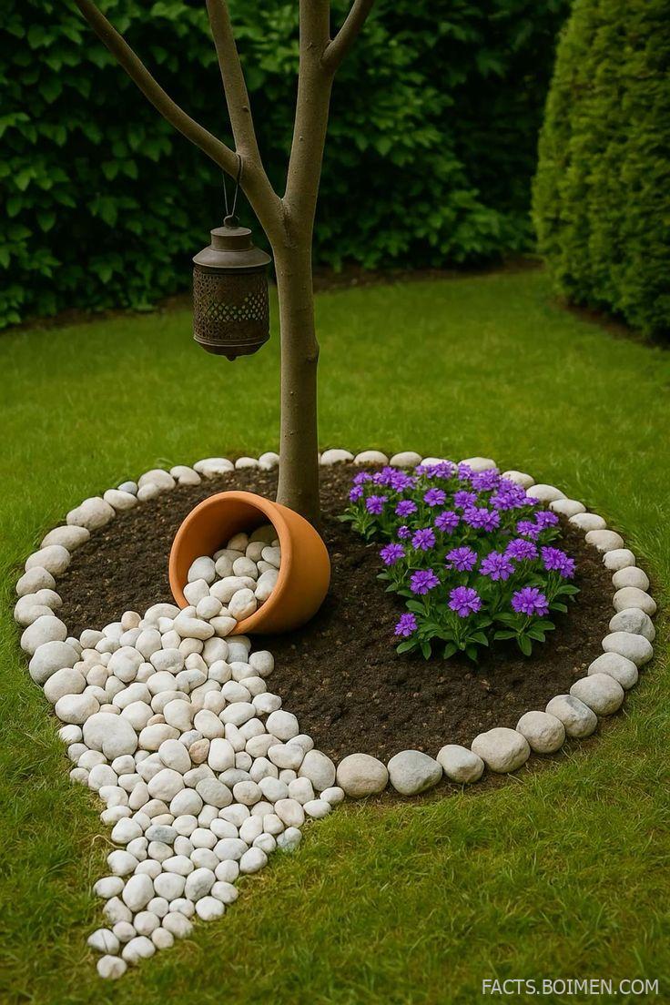 Genius Tree Base Garden Ideas with Spill Pots, Stones & Flowers