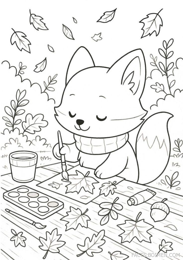 Autumn Coloring Pages: A Cute Fox Painting Fall Leaves
