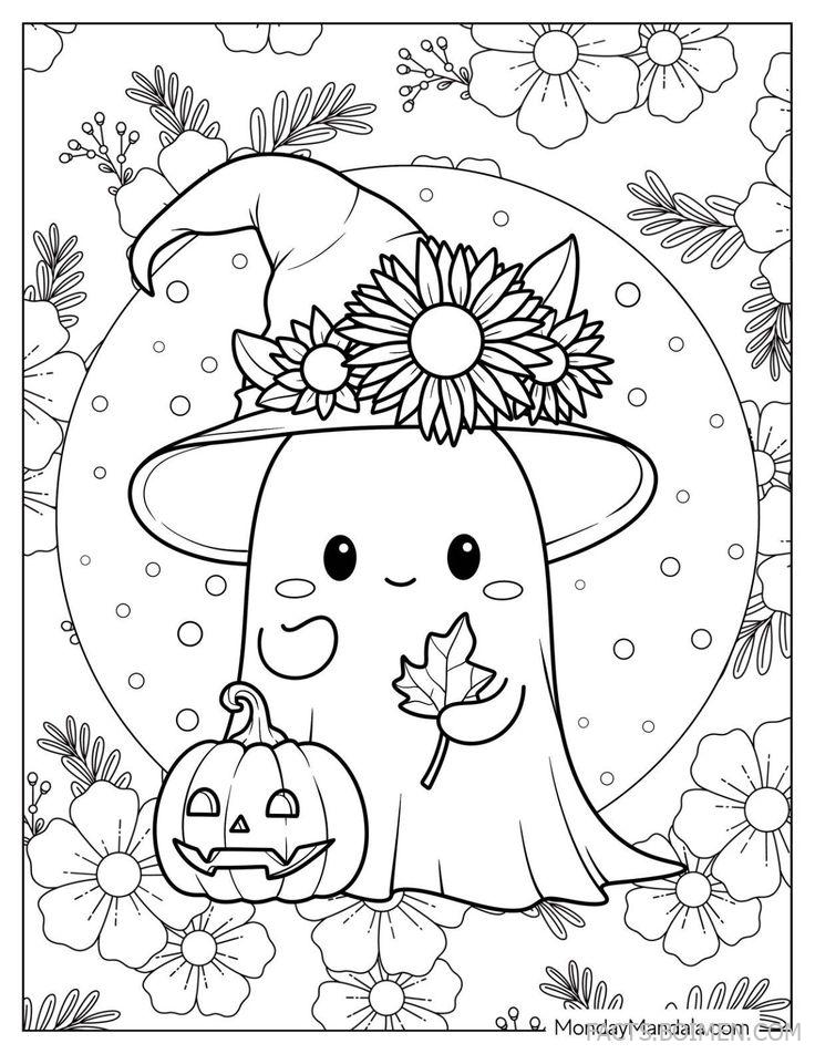 Halloween Coloring Pages: Cute Ghost with Pumpkin and Witch Hat