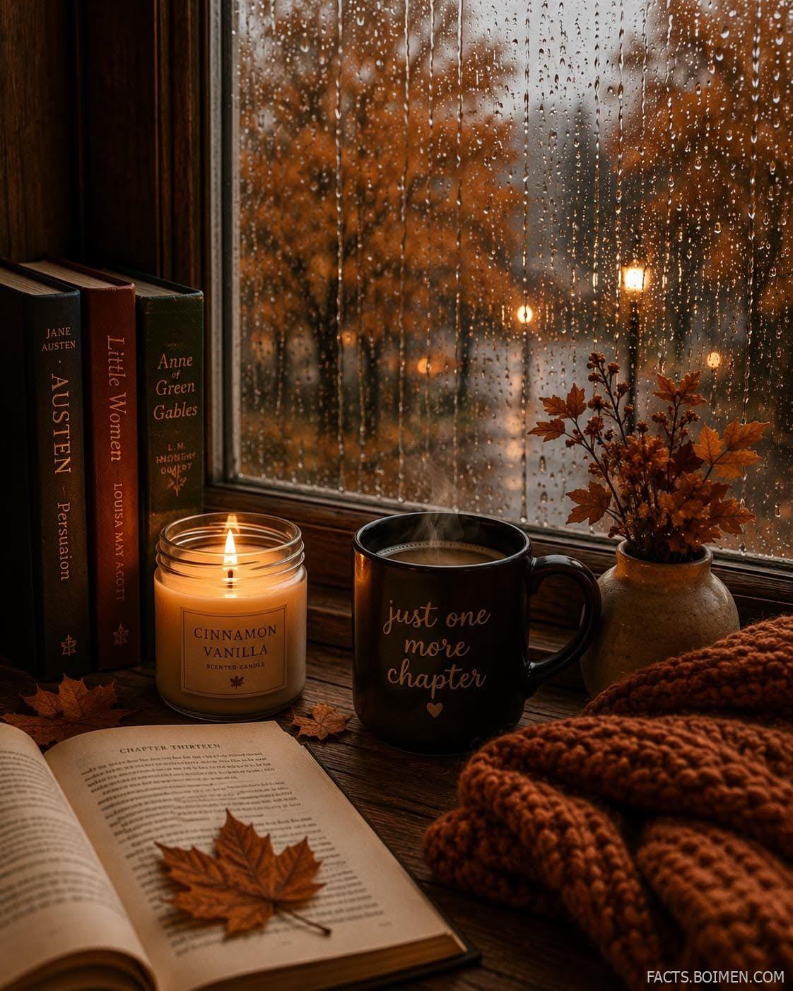cozy autumn rainy window print